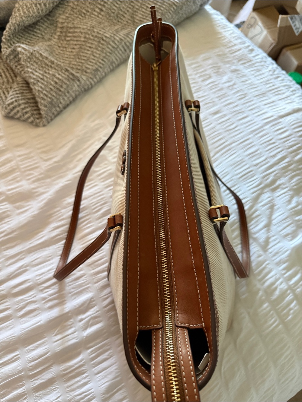 Tory Burch Cream Canvas Tote with Brown Leather Trim and Gold Logo - Picture 4 of 4